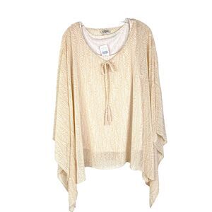 One World NWT Geometric Print Chiffon Poncho Top Size XL Wheat Tan Cream Boho
